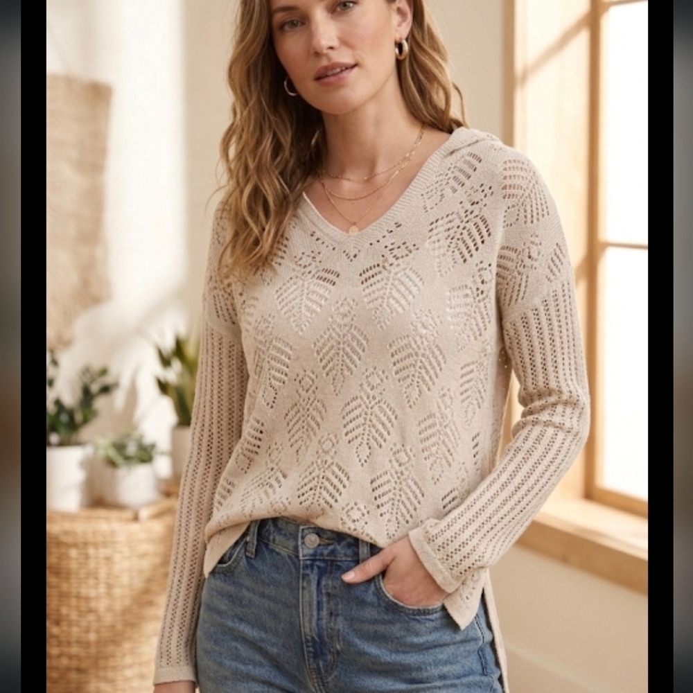 NWT J. Jill Pointelle Knit Hooded Sweater - Soft Cream Cotton Blend Size S